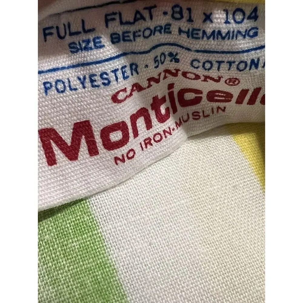 Vtg Cannon Monticello Full Flat Sheet Green Yellow Striped Retro 81”x96” EUC